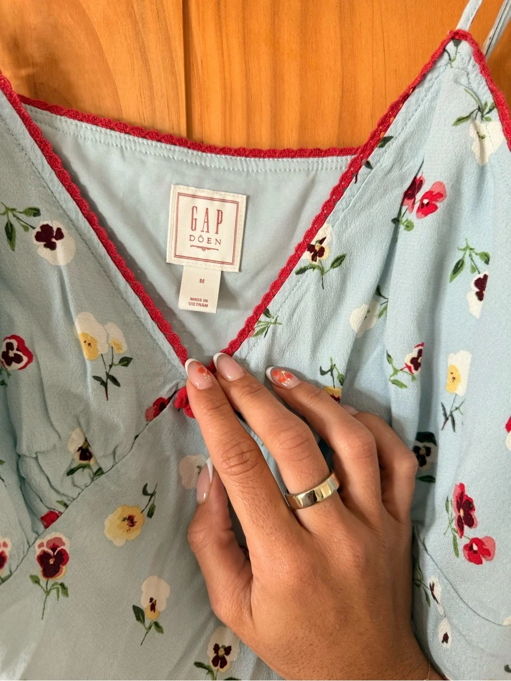 Light Blue Floral Midi Slip Top + Skirt with Red Trim from Gap x Doen